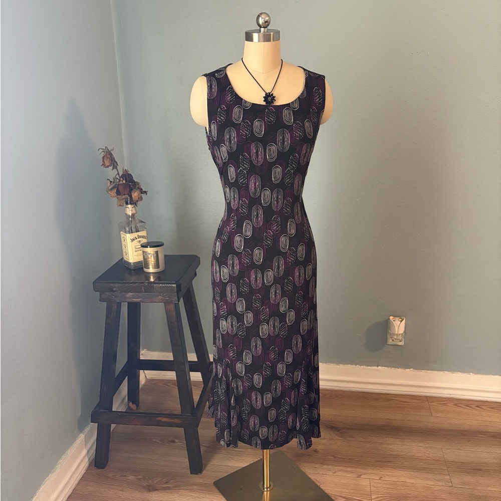 Danny & Nicole Black Sleeveless Midi Dress with Purple Pattern